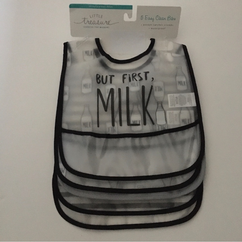 NEW Baby Bibs 5 pack Peva Bib Set “But First Milk” | Little Treasures